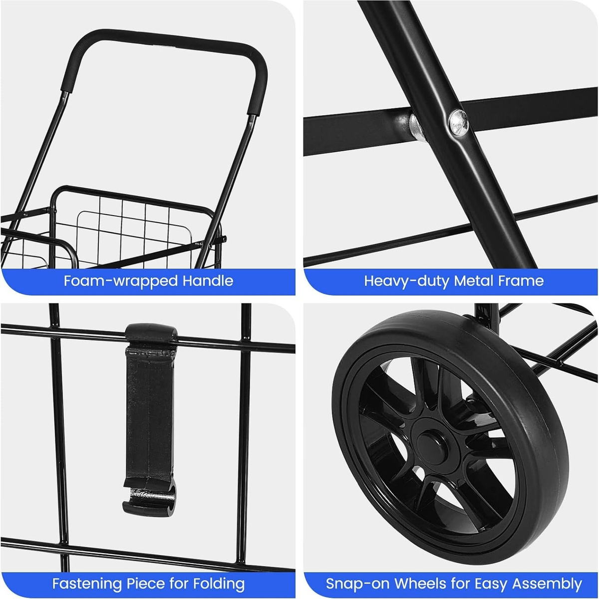 Rolling Shopping Cart Metal Basket, Foldable Grocery Utility Cart with Foam Handle Large Wheels 22 Gal for Supermarket Laundr