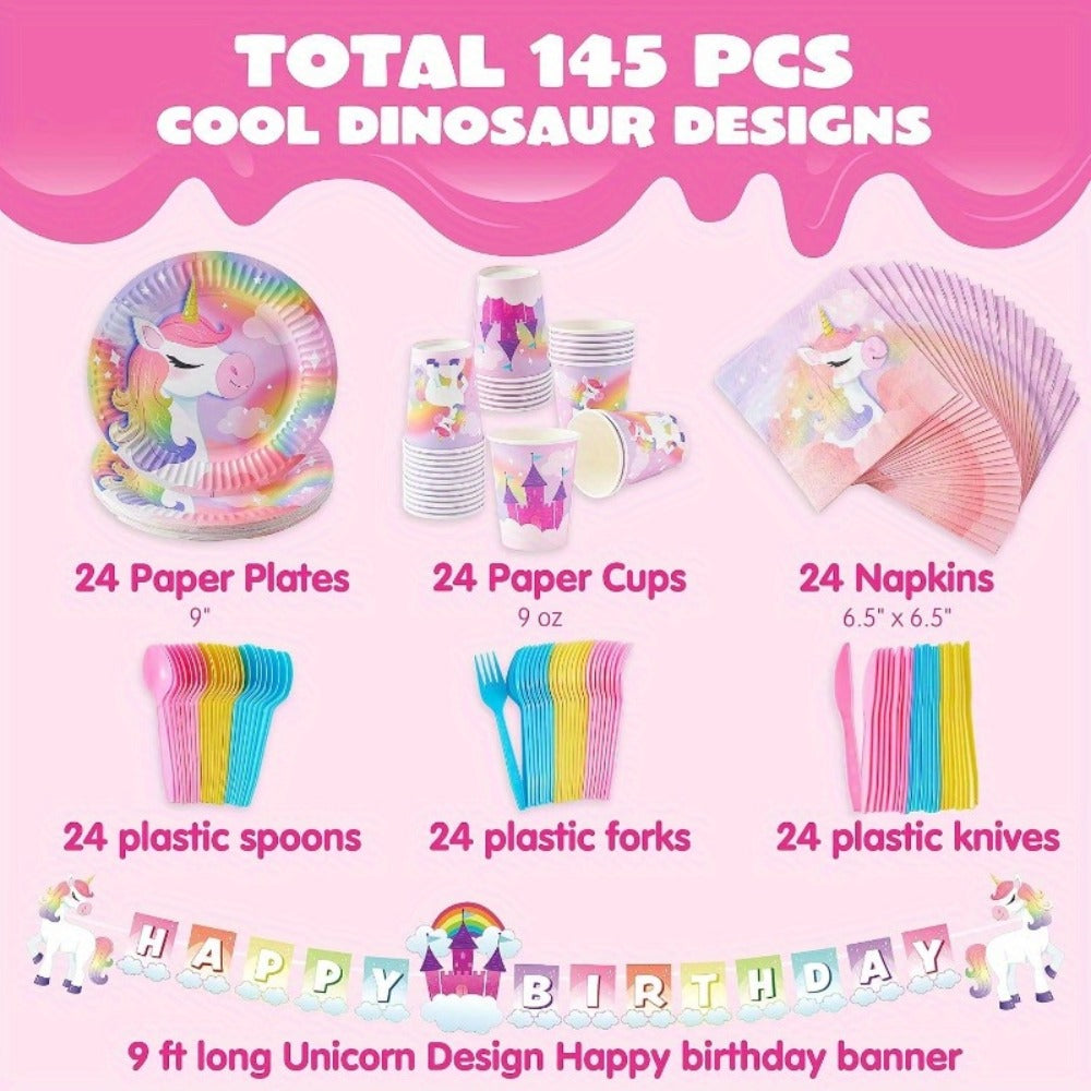 Unicorn Tableware Party Supplies Set with 145 Pieces for 24 Settings, Cups, Cutlery and Banner — image 8