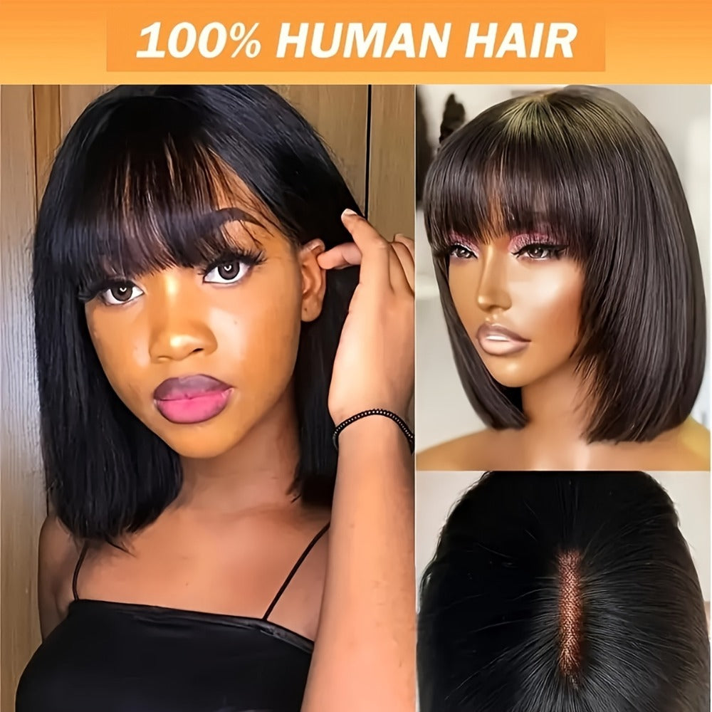 Lace Front Wig Human Hair Bob with Bangs, 4x1 HD Lace, 180% Density and 10-14in Length Choices — image 1