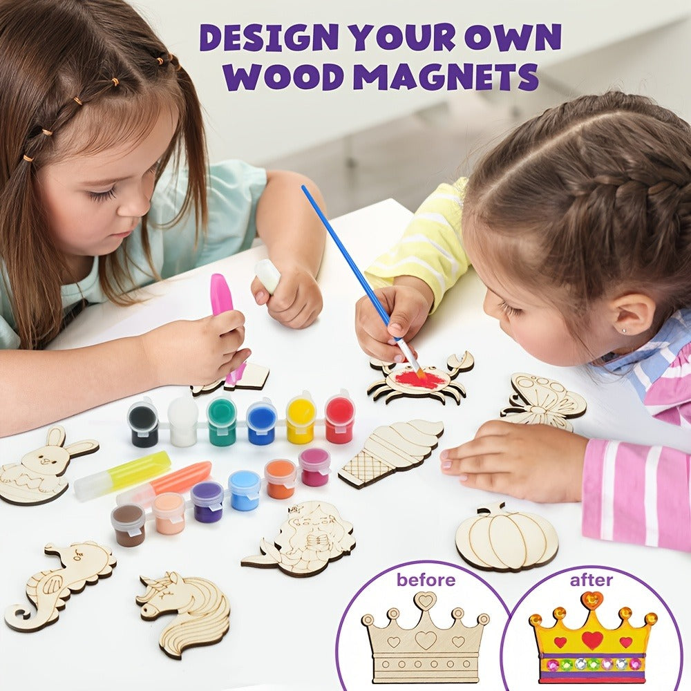Glow in the Dark Craft Kit for Kids, 30pcs DIY Wooden Fridge Magnets Painting Set with Gem Stickers — image 6