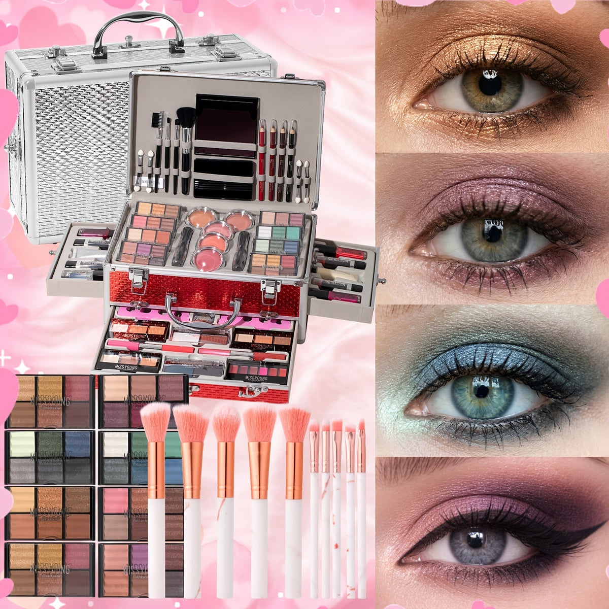 Makeup Kit in Handled Aluminum-Style Travel Case with Mirror, Tiered Trays and Silvery or Red Finish — image 9