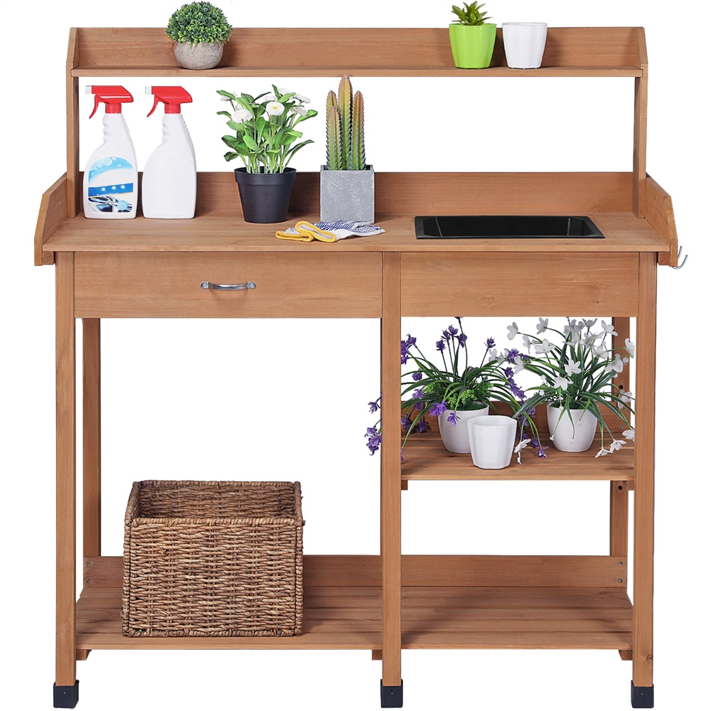Garden Potting Table 4-Tier with Removable Sink, Adjustable Shelf, Drawer & Side Hooks, Outdoor Planter Stand for Yard Greenh