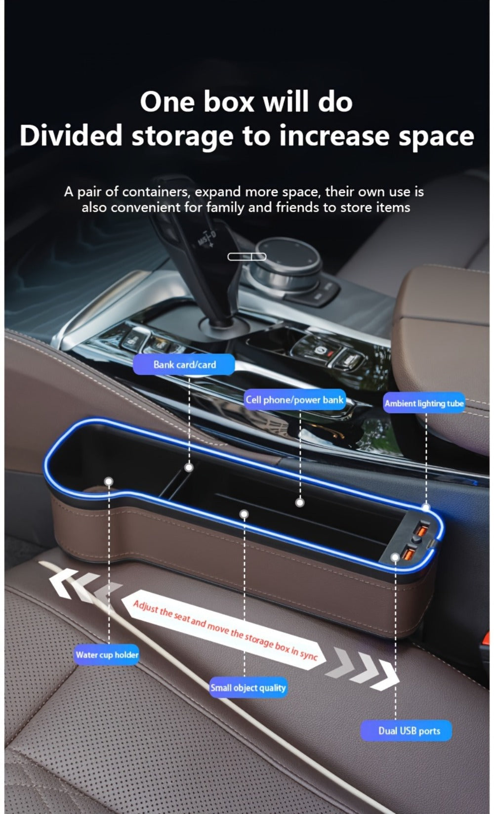 Black Lighted Seat-Gap Car Organizer with Phone Slot, USB Ports and Driver, Passenger or Pair Options — image 18