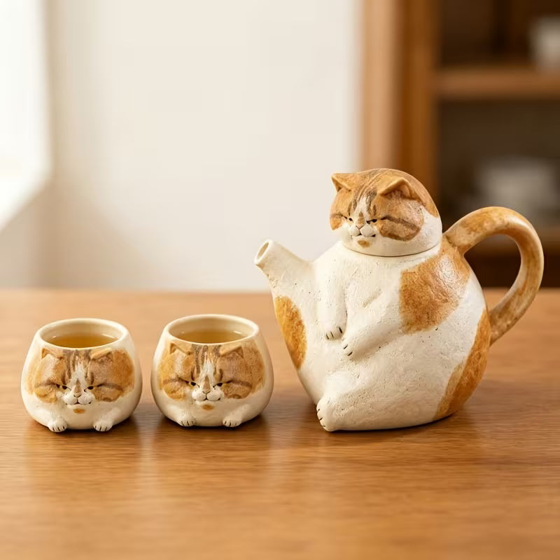 Coarse Pottery Cat Teapot and Cup Set