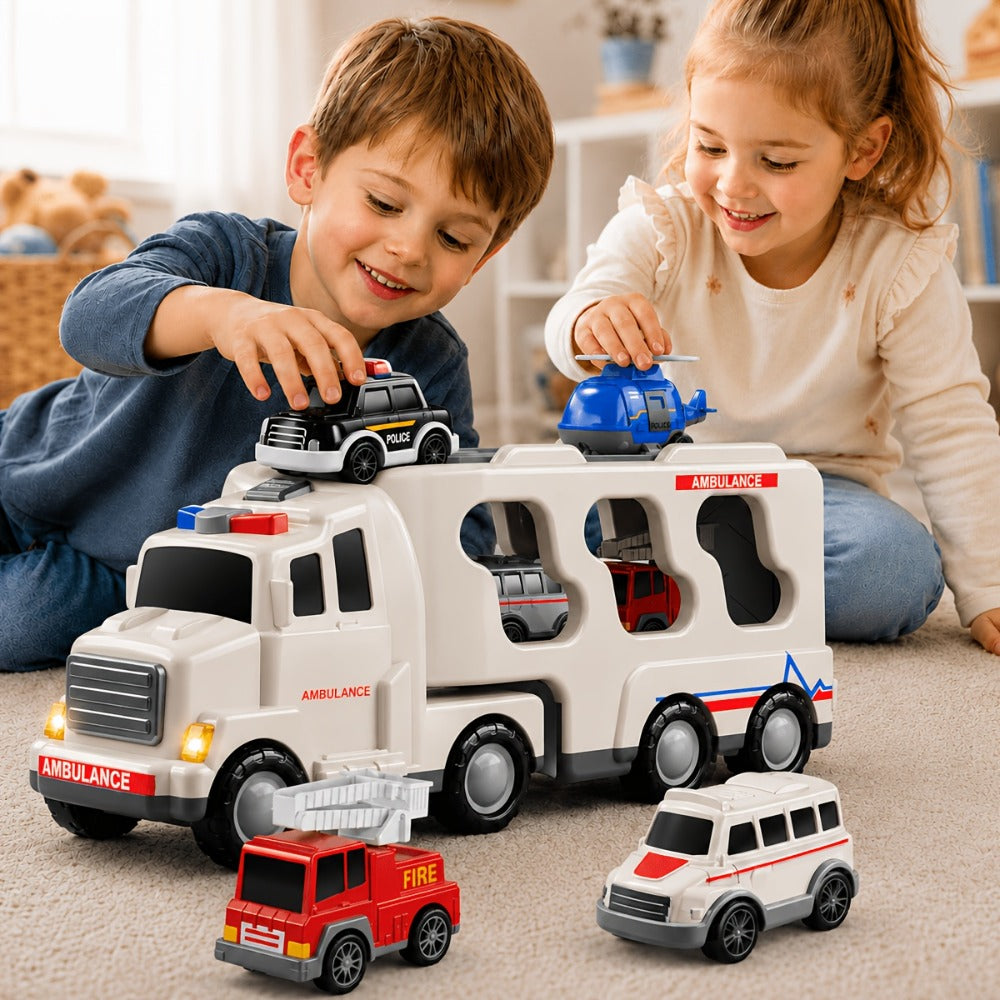 Ambulance Carrier Truck Toy Set 5-in-1 with Light & Sound for Kids Ages 3-8 with the Listed Color, Size or Set Options for Ev
