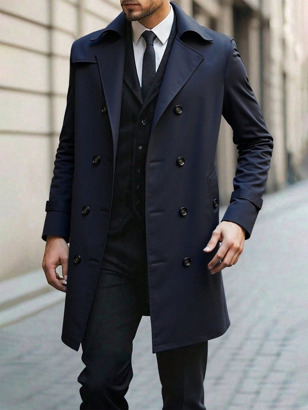 Mens Mid-length Double-breasted Casual Trench Coat