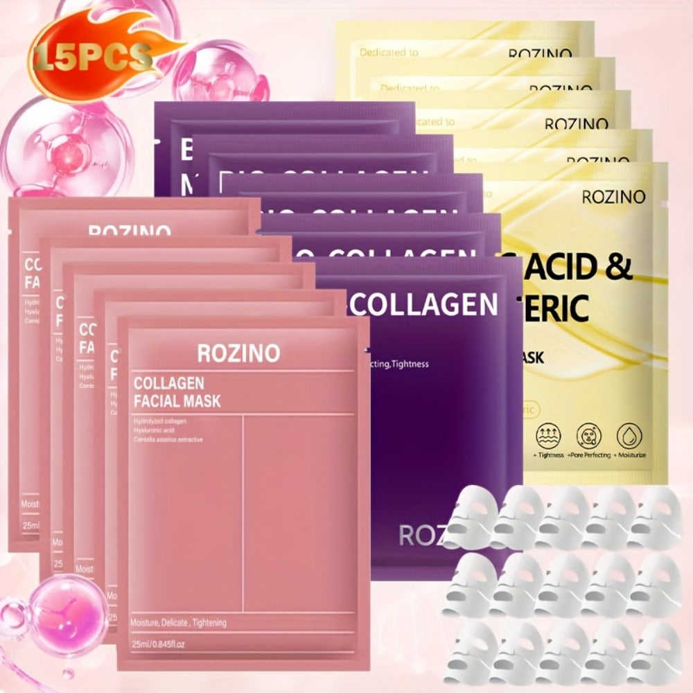 Face Mask, ROZINO 15-Piece Collagen Sheet Assortment with Bio-Collagen and Kojic Acid Turmeric Packets — image 1