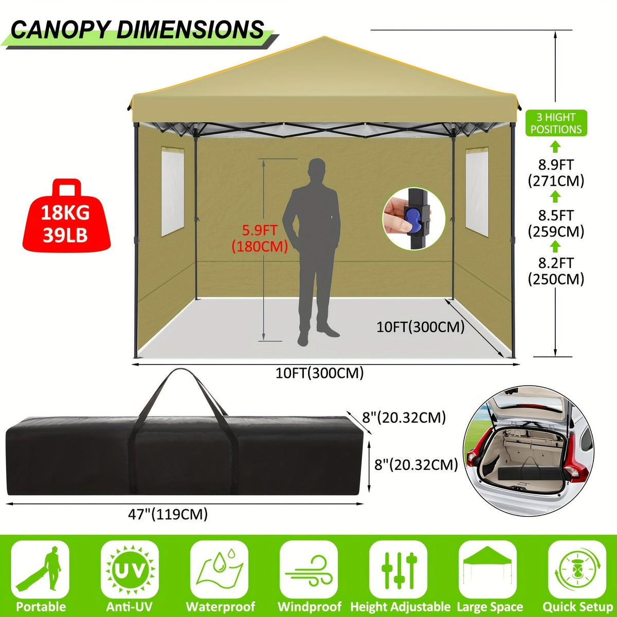 10x10ft Pop-Up Canopy Tent with Four Removable Sidewalls, Mesh Windows and Five Color Options — image 2