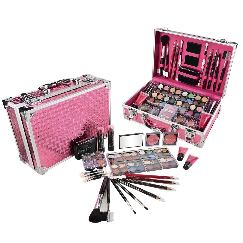 Makeup Kit 56-Piece Handled Mirror Case with Mixed Face, Eye and Lip Cosmetics in Silvery or Rose Color — image 2