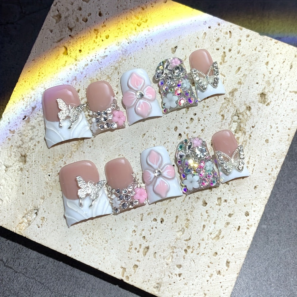 Press On Nails 10-Piece Short Duckbill Set with White French Tips, Golden Butterfly and 3D Carved Flower — image 4
