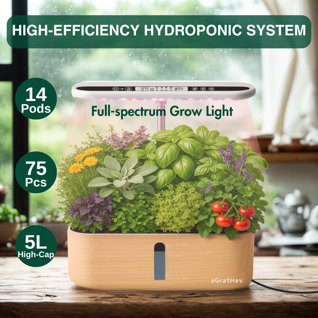 Hydroponic Garden Kit 14-Pod with LED Grow Light – Smart Timer, Quiet Pump & 1.32 Gal Tank, 75-Piece Indoor Herb Garden Syste