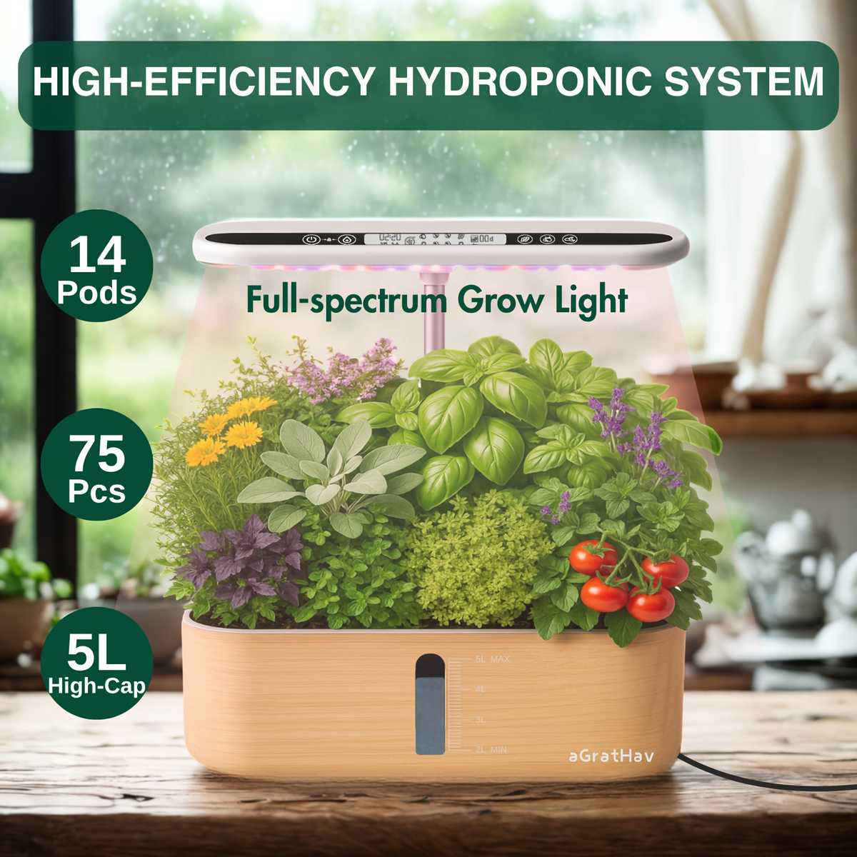 Hydroponic Garden Kit 14-Pod with LED Grow Light – Smart Timer, Quiet Pump & 1.32 Gal Tank, 75-Piece Indoor Herb Garden Syste