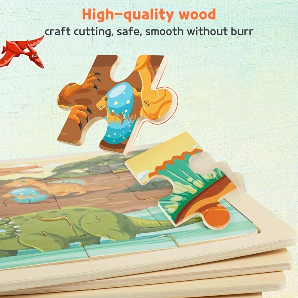 Dinosaur Puzzle Set for Kids Ages 3-8 Wooden 4-in-1 Jigsaw with 24 Pieces Each, Colorful Preschool Educational Toy for Boys &