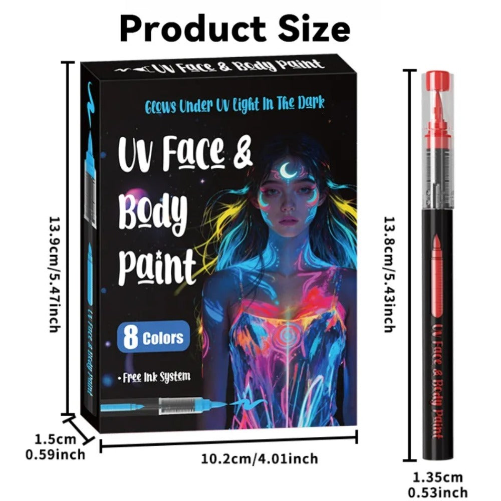 Face Body Paint Pen Set 8 Colors with 105 Tattoo Stencils, Glow in the Dark Neon UV Blacklight Face Paint — image 7