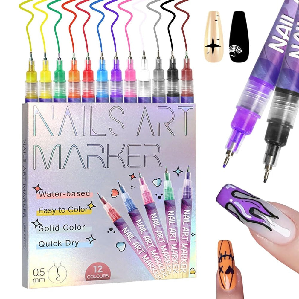 Nail Art Pens 12-Piece Water-Based Marker Set with 0.5mm Fine Tips for Lines and Small Decorative Details — image 1