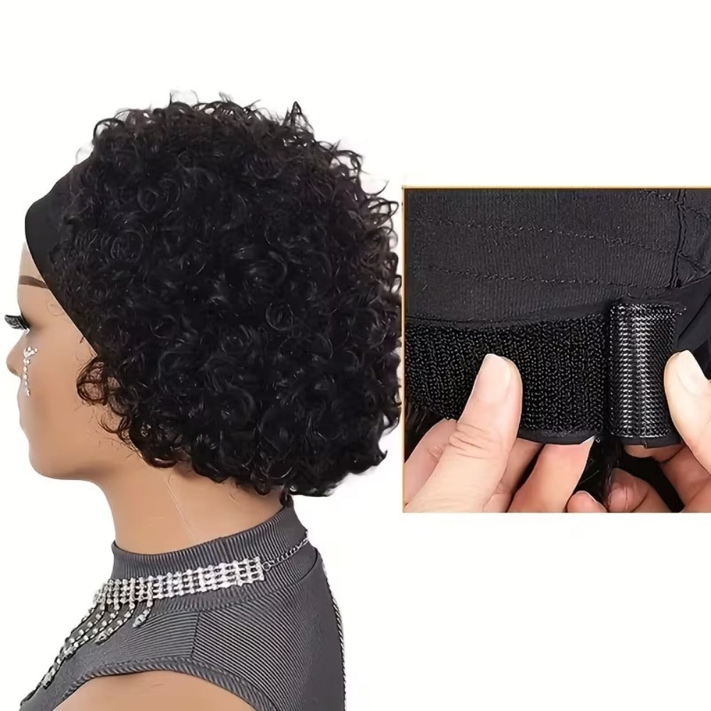 Kinky Curly Headband Wig Human Hair Brazilian 150% Density Glueless 6 Inch | No Glue No Gel Black Burgundy Rust | Beginner Fr