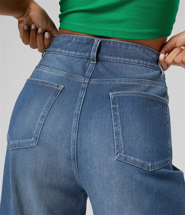 High-waisted Trousers-foot Curling Straight Jeans