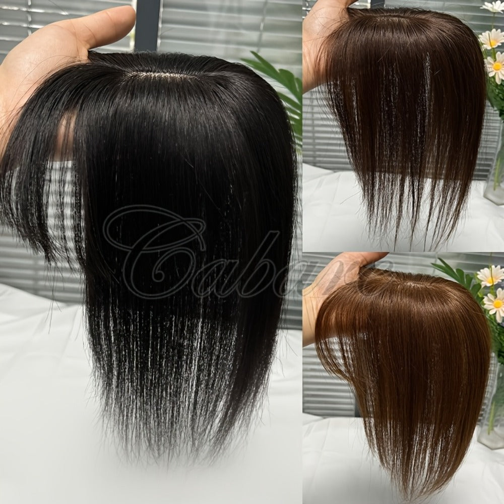 Hair Topper with Bangs Human Hair 5x9 Base Straight Clip In Crown Coverage Volume Booster, for Home, Travel and Salon Hair St