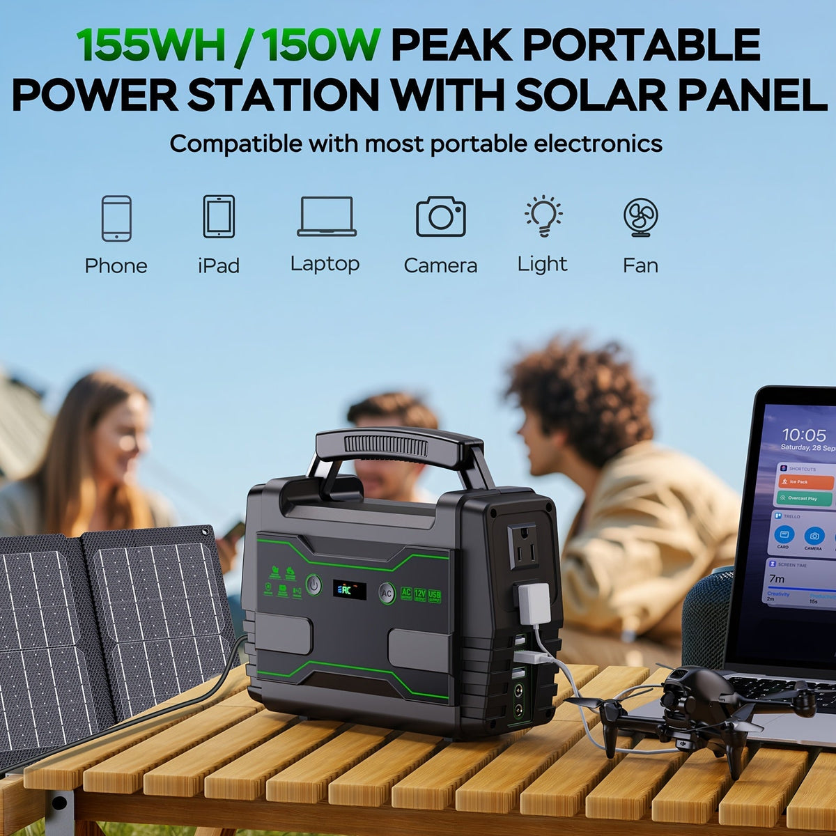 Portable Power Station 155Wh or 222Wh Configurations with AC Outlet, USB Ports, LED Light and Solar Option — image 2