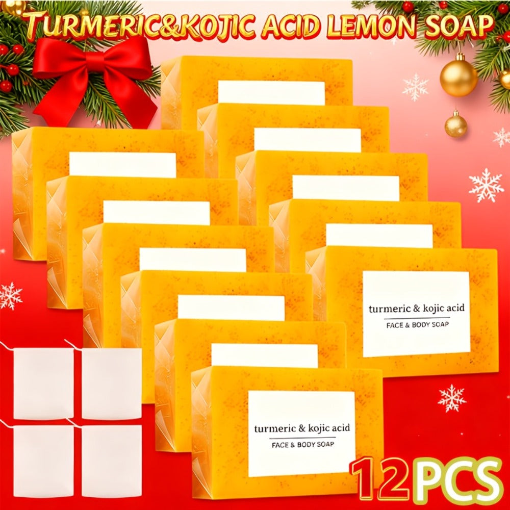 Kojic Acid Turmeric Soap Bar Set 12 Pack 100g with 4 Bubble Nets – Ginger Lemon Handmade Moisturizing Brightening Body Soap f