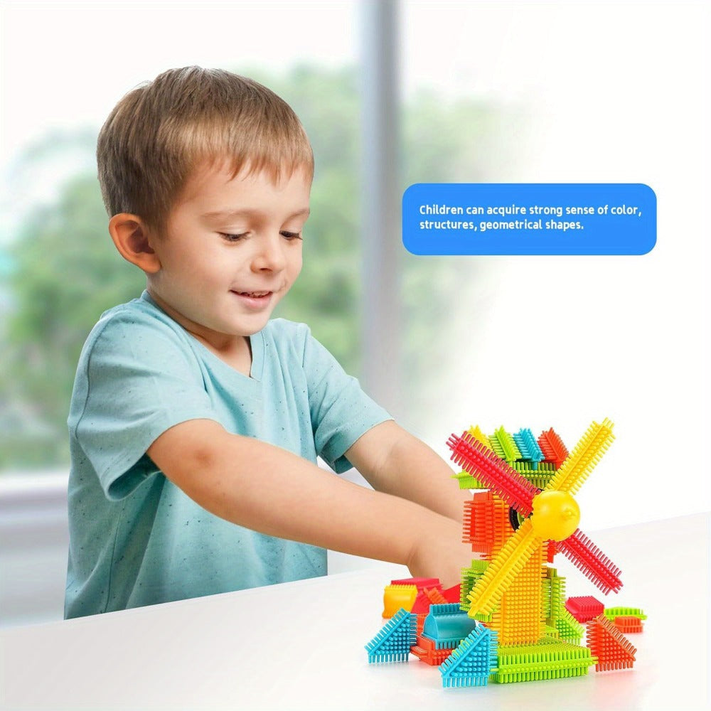 Building Block Set Bristle Construction Pieces, 150-Piece Colorful Interlocking Shapes with Storage Tub — image 18