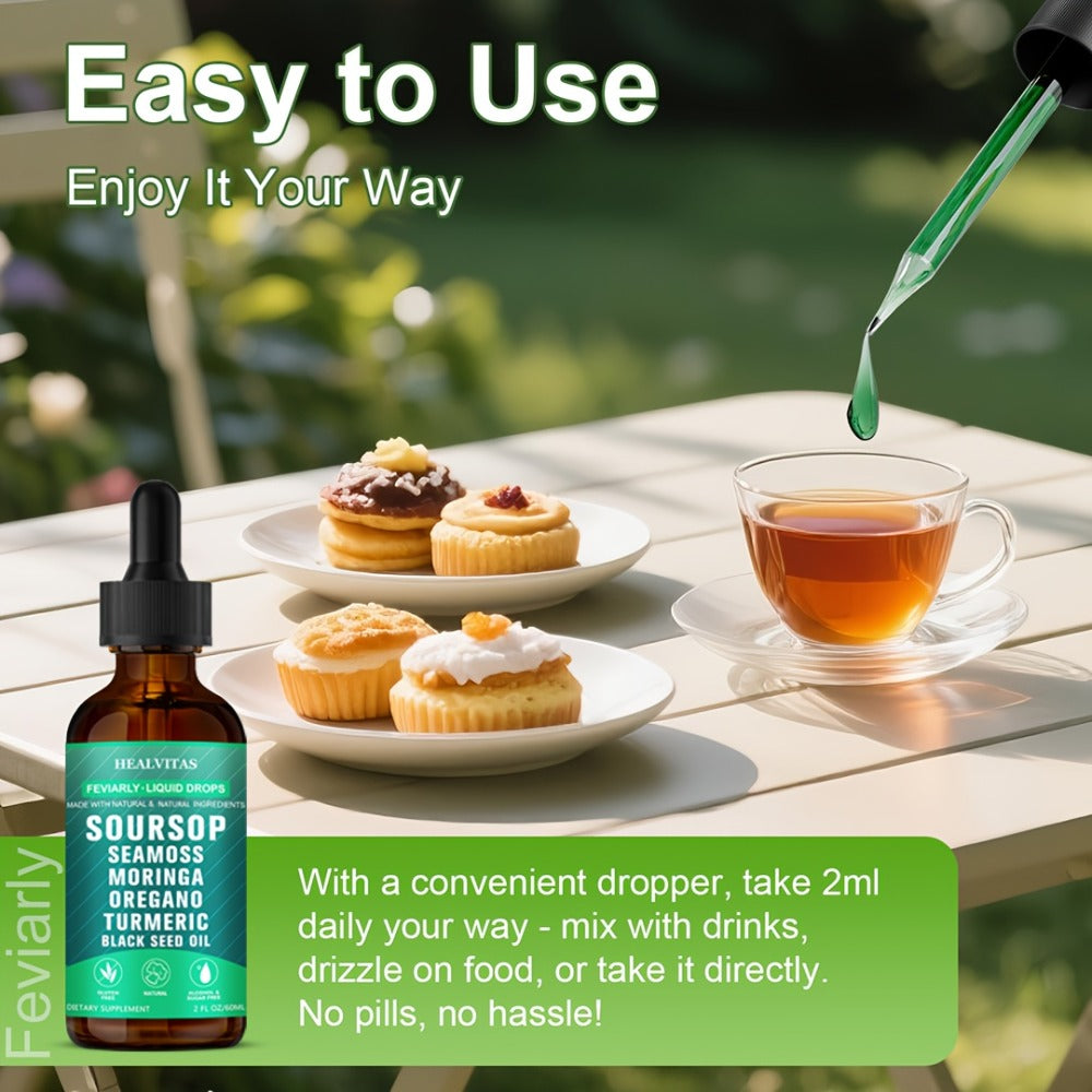 Soursop Bitters Liquid Drops 10-in-1 with Sea Moss Moringa Turmeric Black Seed Oil Oregano for Bath Time, Home Spa and Person