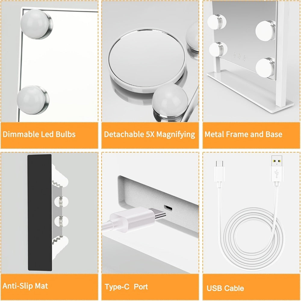 Makeup Mirror with Nine Bulb-Style LEDs, Three Light Colors, Touch Memory, 360° Rotation and Optional 5X Mirror — image 7