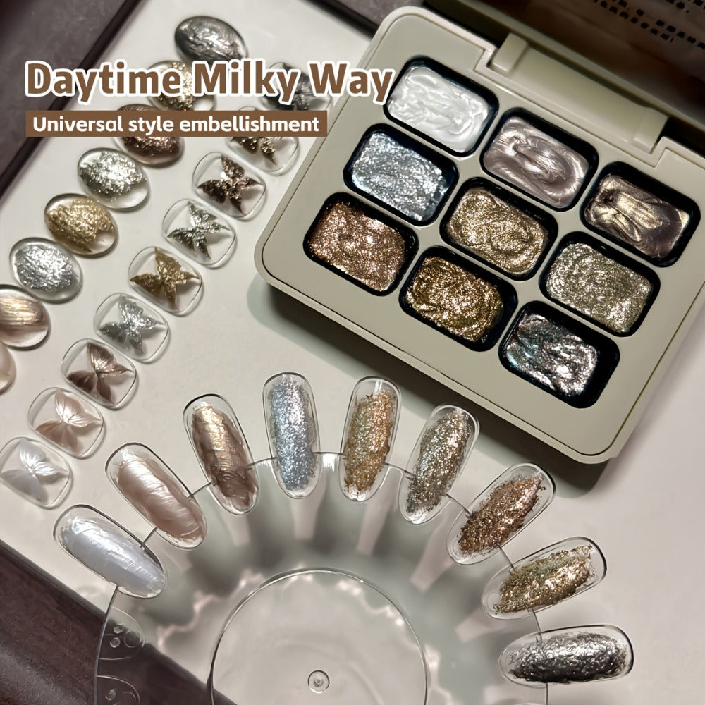 Shimmer Nail Art Gel Nine-Color Grid Palette with Metallic Neutral or Milky Way Color Selection — image 4