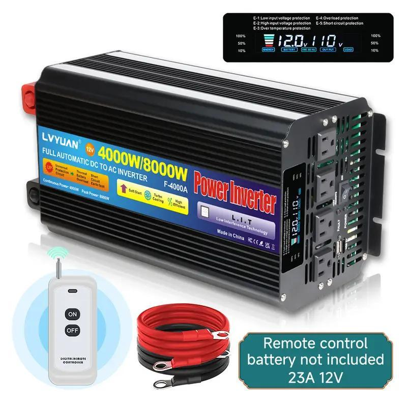 Pure Sine Wave Power Inverter 4000W 8000W Peak DC 12V to AC 110V with LCD Display Remote Control 4 AC for Garden, Patio and Y