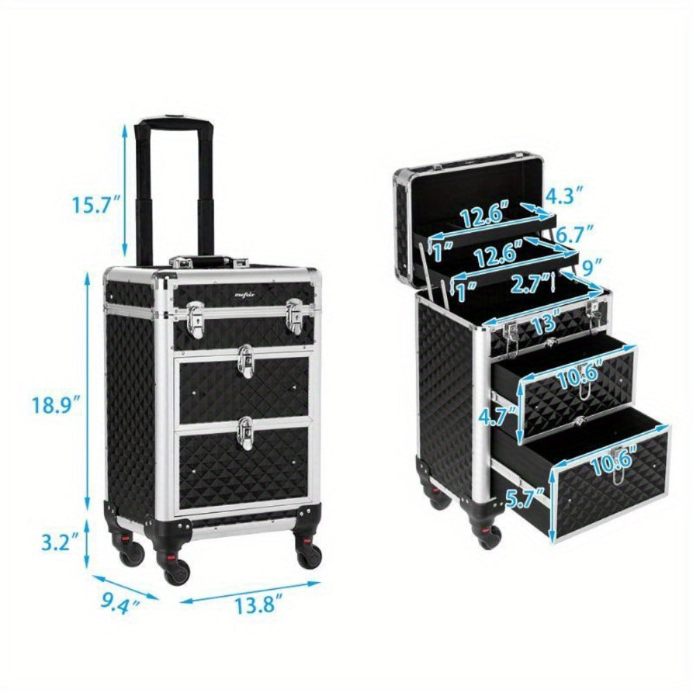 Black Rolling Makeup Train Case with Four Wheels, Telescoping Handle, Three Top Trays and Two Drawers — image 6