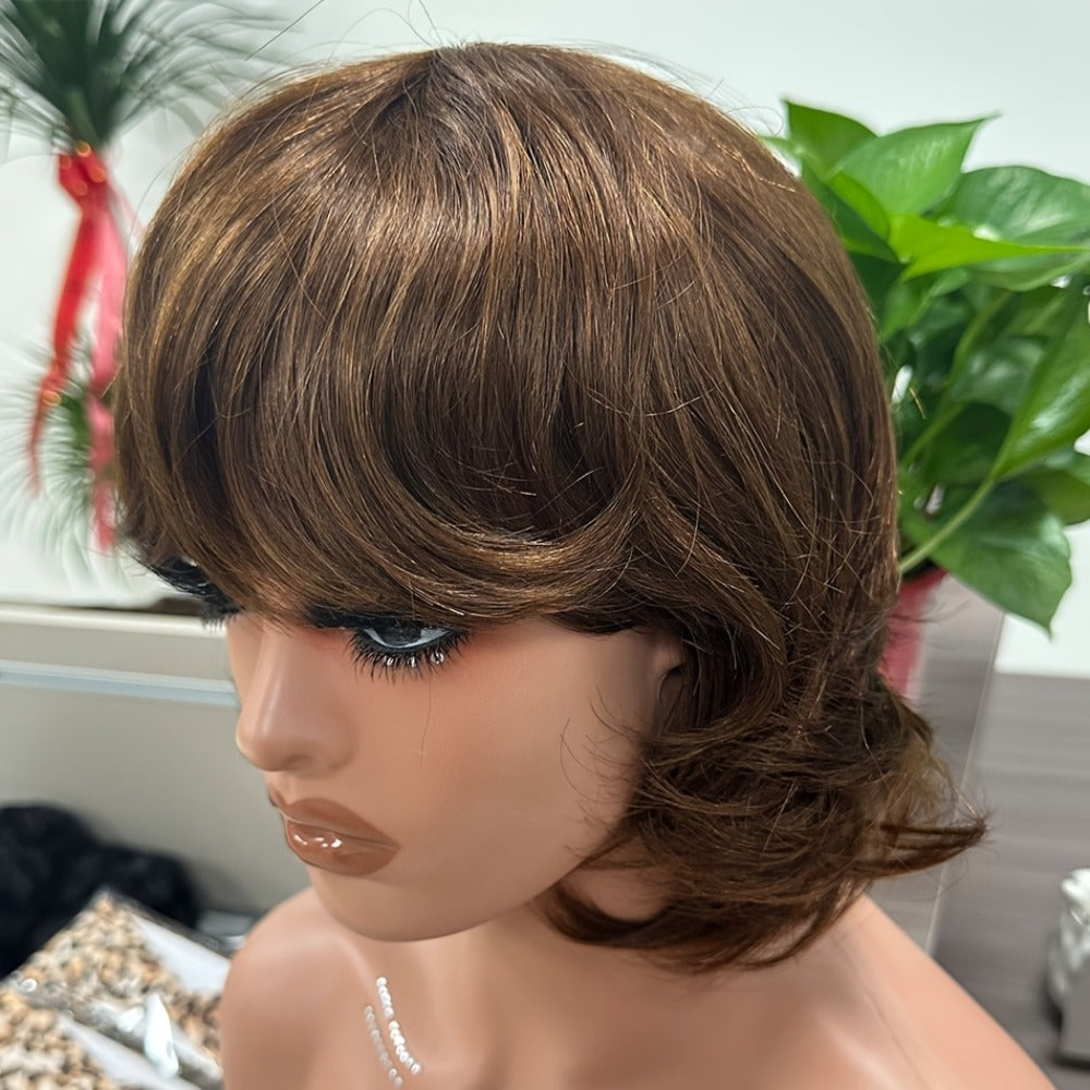 Pixie Cut Wig Human Hair with Bangs Glueless Short Brazilian Layered Machine Made Throw-On-and-Go Hairpiece Natural Black 1B 