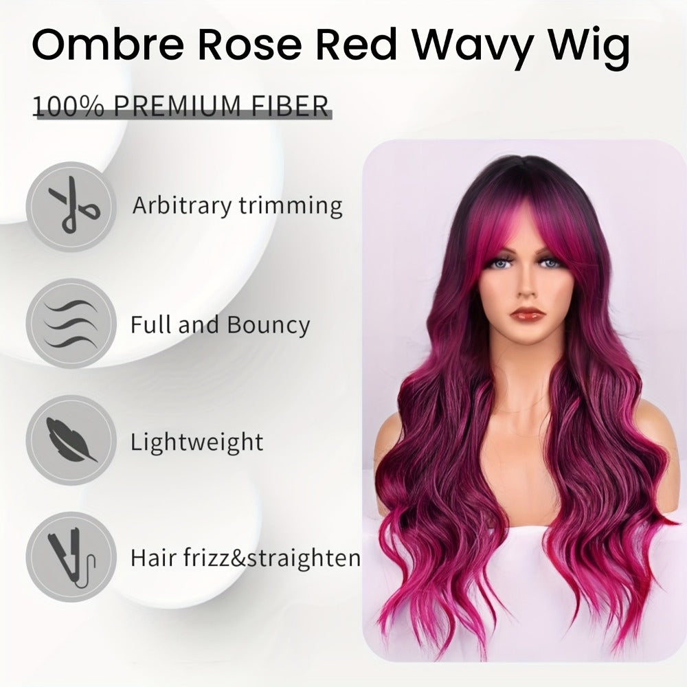 Synthetic Wig 26-Inch Ombre Rose-Red to Dark-Purple Body Waves with Bangs and Side Part for Cosplay — image 3