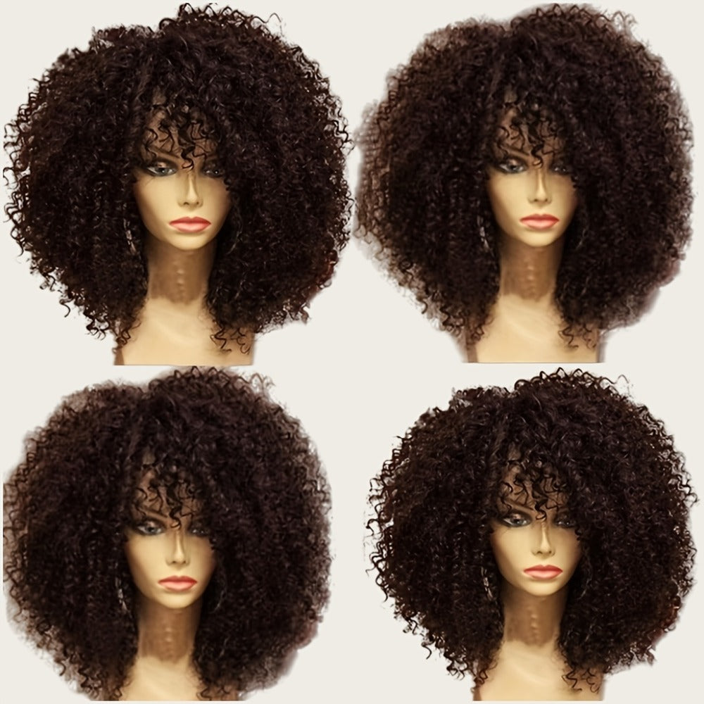 Synthetic Wig 16-Inch Kinky Curly Afro with Bangs in Color 1B and Elastic Cap for Parties and Cosplay — image 4