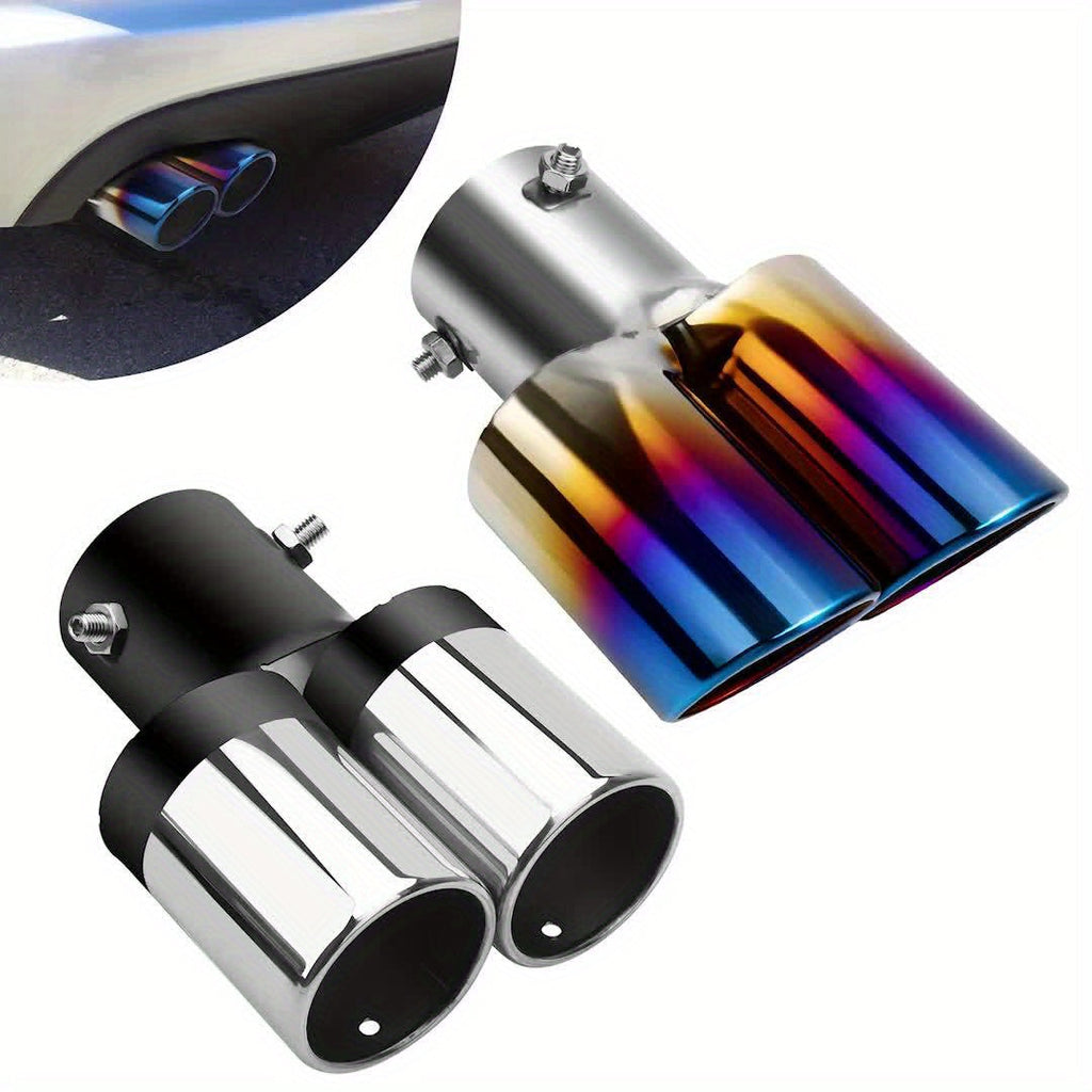 Dual Exhaust Tip 2.5" Inlet Stainless Steel Double Outlet Car Muffler Tailpipe Tip – Bolt-On Curved Bevel Port, Black & Blue 