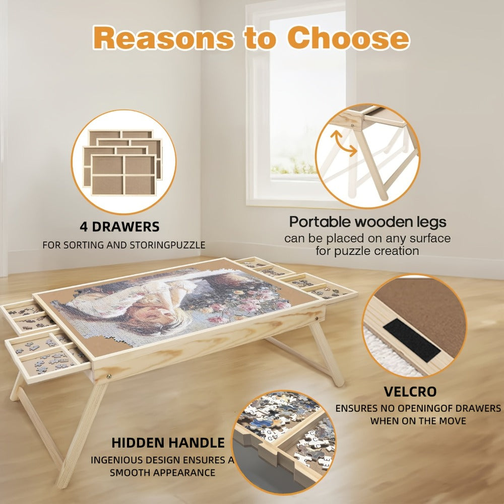 Jigsaw Puzzle Table with Folding Legs – 4 Drawers 16 Sorting Grids Portable Wooden Puzzle Board for 1000 Pieces — image 5