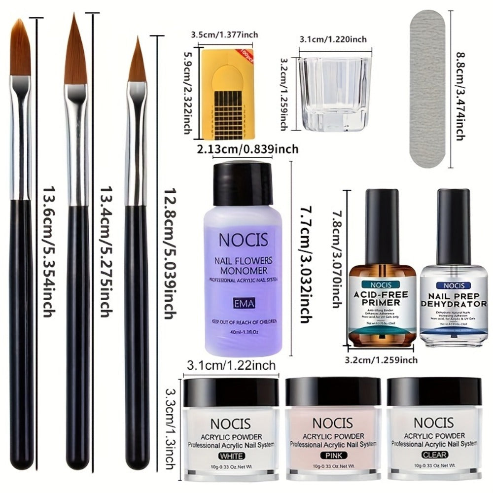 Acrylic Nail Kit NOCIS Clear, Pink and White Powders with Q Monomer, Primer, Brush Cleaner and Four Brushes — image 4