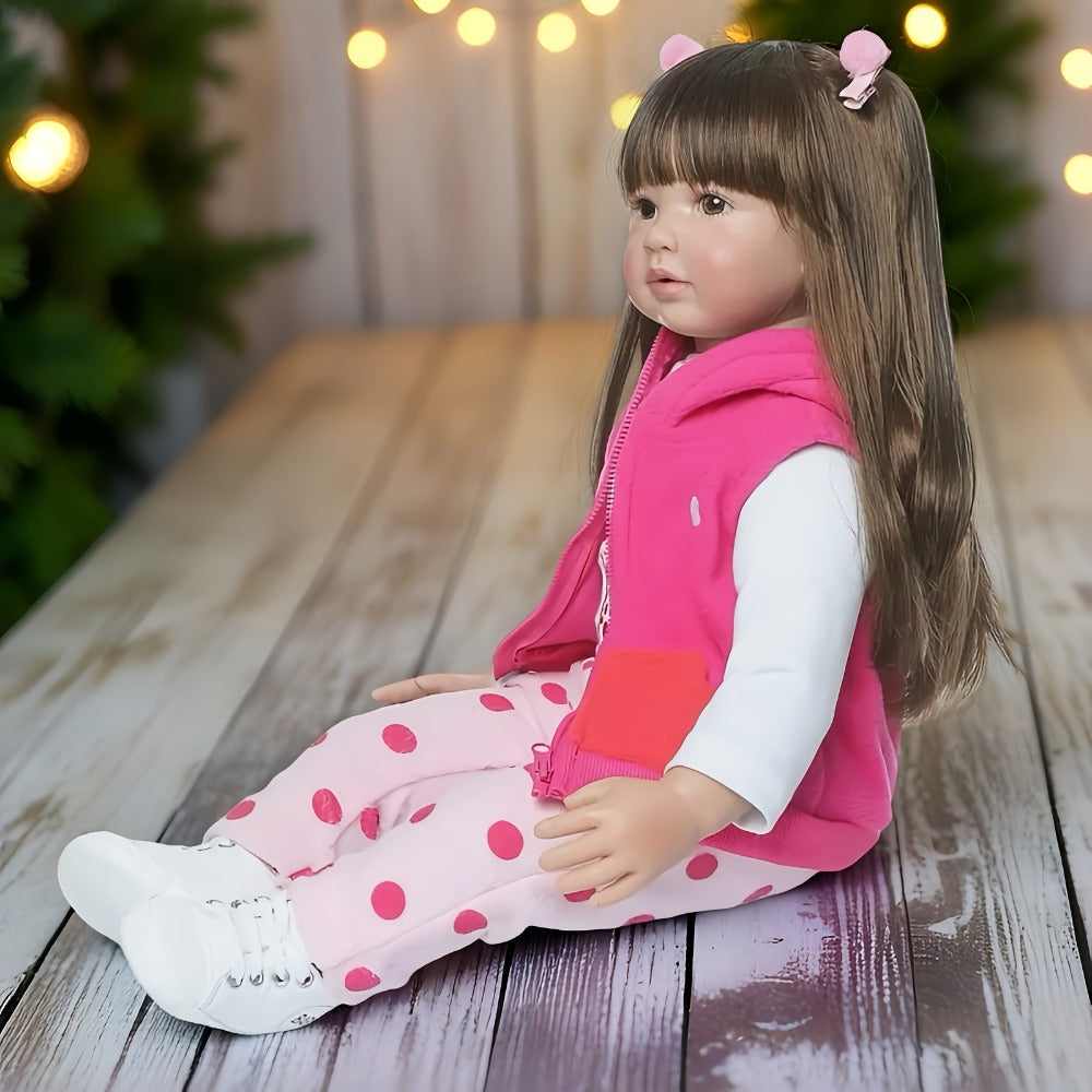 Open-Eye 24-Inch Girl Doll with Long Dark Hair, Pink Vest, Spotted Outfit and Plush Companion — image 4