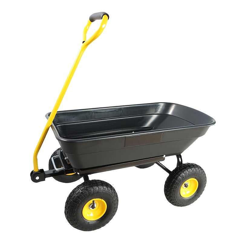 Garden Dump Cart 4-Wheel Steel Frame Poly Bed Quick-Release Dump Feature Foldable D-Handle Yard Wagon for Landscaping Lawn — 