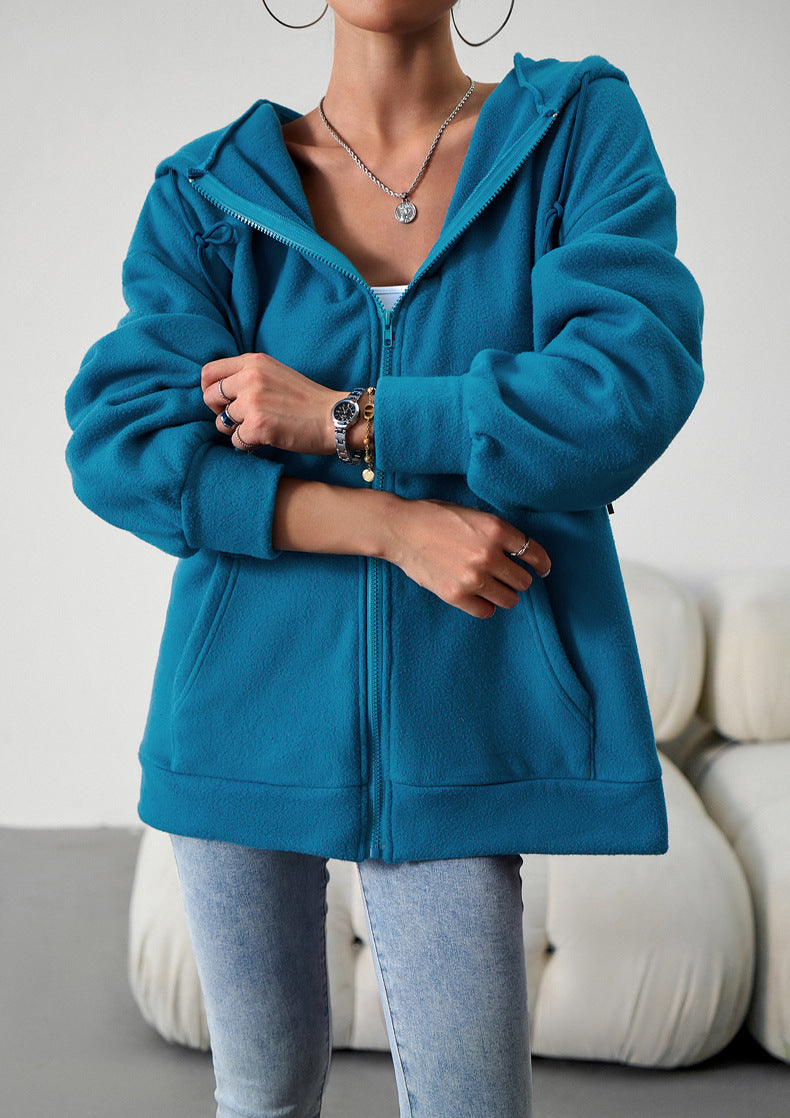 Casual Fashion Hooded Cardigan Jacket With Pockets Winter And Autumn Loose Sports Coat Women Solid Outwear Clothing
