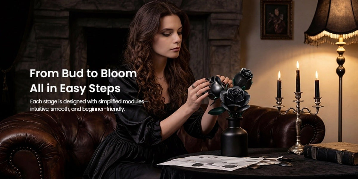 Building Block Set Black Rose Bouquet, 152-Piece Three-Flower Model with Adjustable Stems and Leaves for Display — image 14