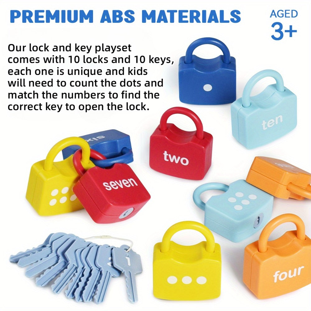 Preschool Math Lock and Key Counting Toy 10 Sets – Number Recognition Manipulative for Kids Ages 3-5, Color-Coded Kindergarte