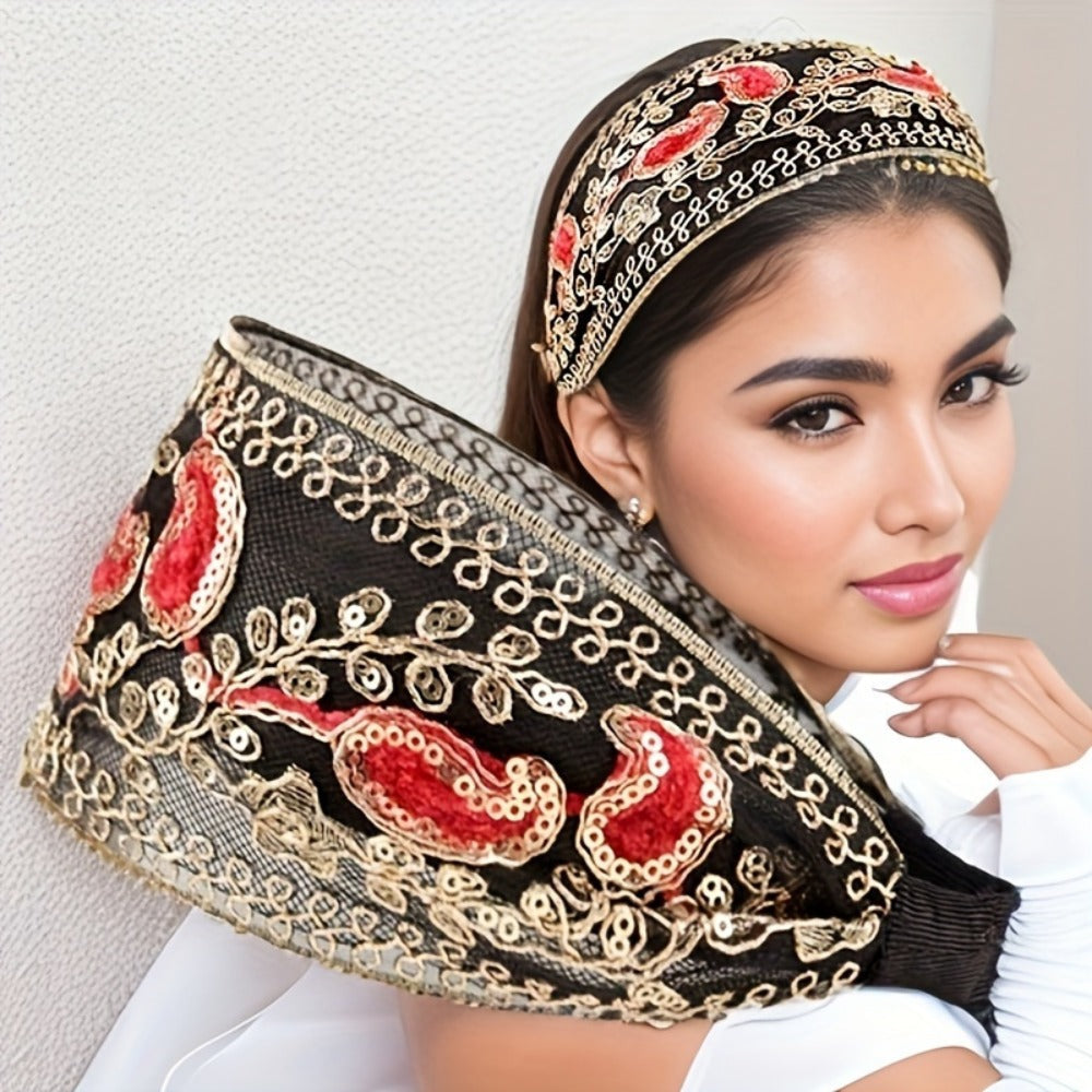 Hair Accessories Two-Piece Wide Embroidered Headband Set with Sequin Floral Details and Color Choices — image 11