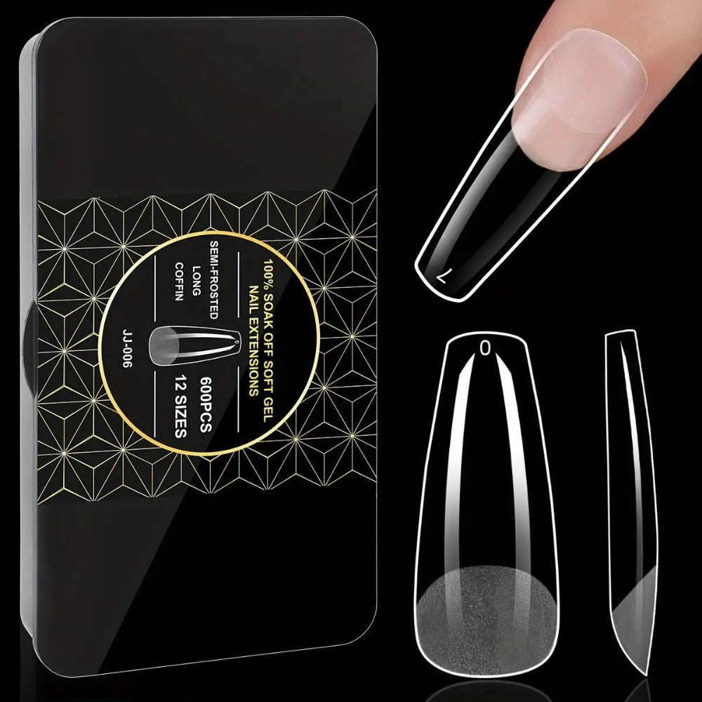 Gel Nail Tips 600 Pieces Clear Crystal Full Cover Nail Extensions – Almond Oval Coffin Stiletto Square Short Medium Long Soft
