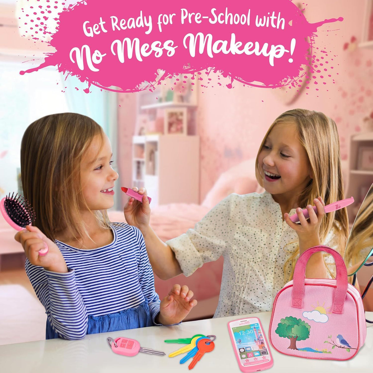 Girls Play Purse Set with Accessories 9pcs, Pretend Makeup, Toy Keys, Fake Phone & Credit Card, Toddler Dress Up Handbag Role