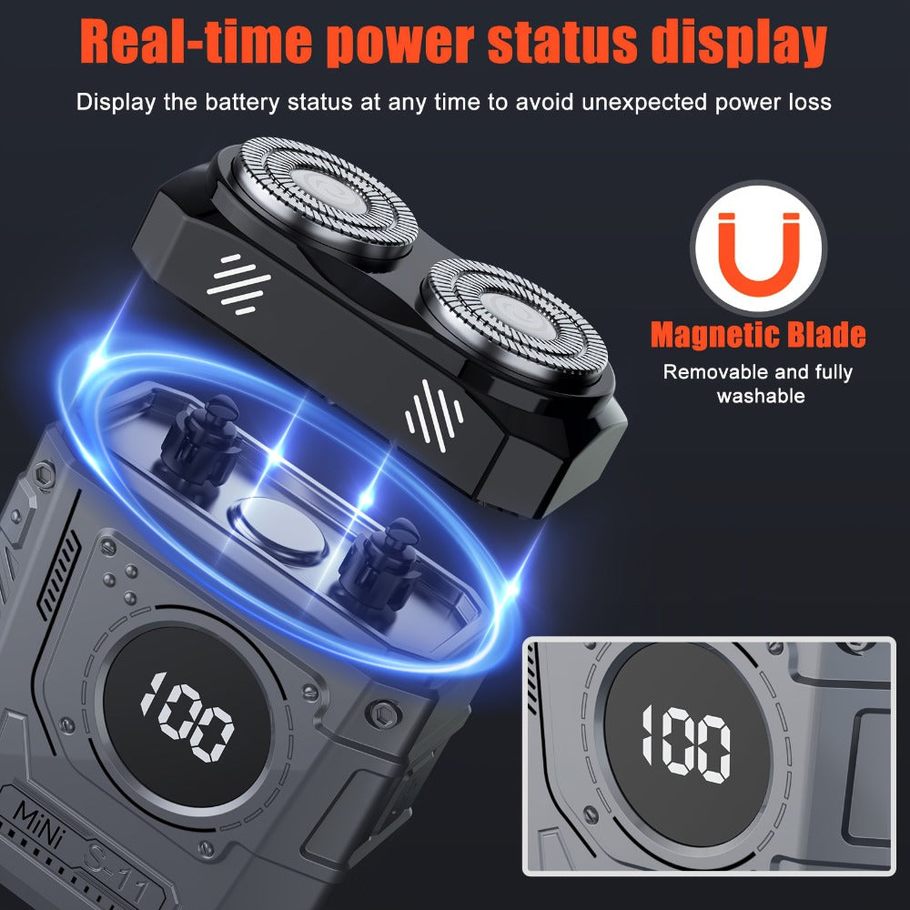 Compact Mecha-Green Dual-Rotary Electric Shaver with Front Battery Display and USB Cable Pictured — image 3