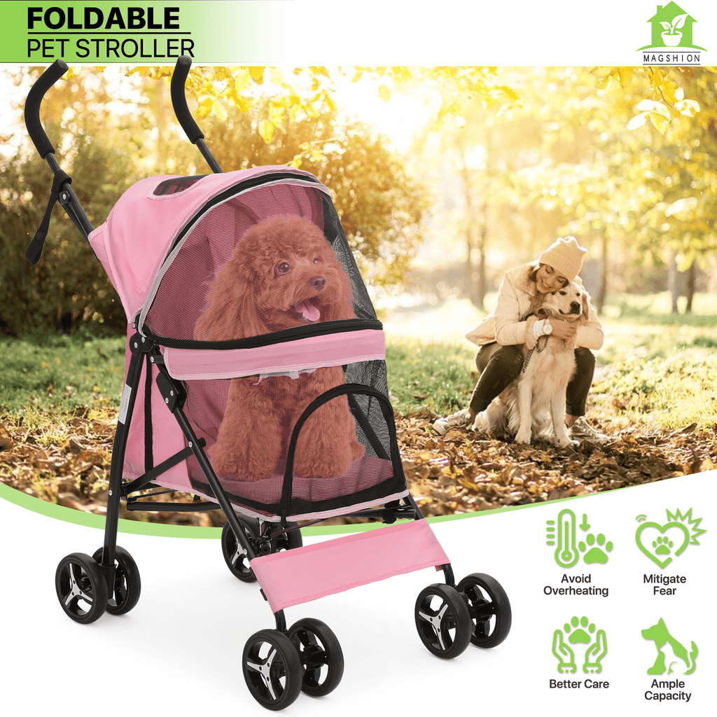 Four-Wheel Pet Stroller with Mesh Cabin, Folding Frame, Lower Basket and Ten Color or Print Options — image 1