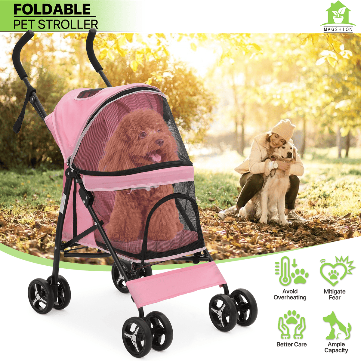 Four-Wheel Pet Stroller with Mesh Cabin, Folding Frame, Lower Basket and Ten Color or Print Options — image 1