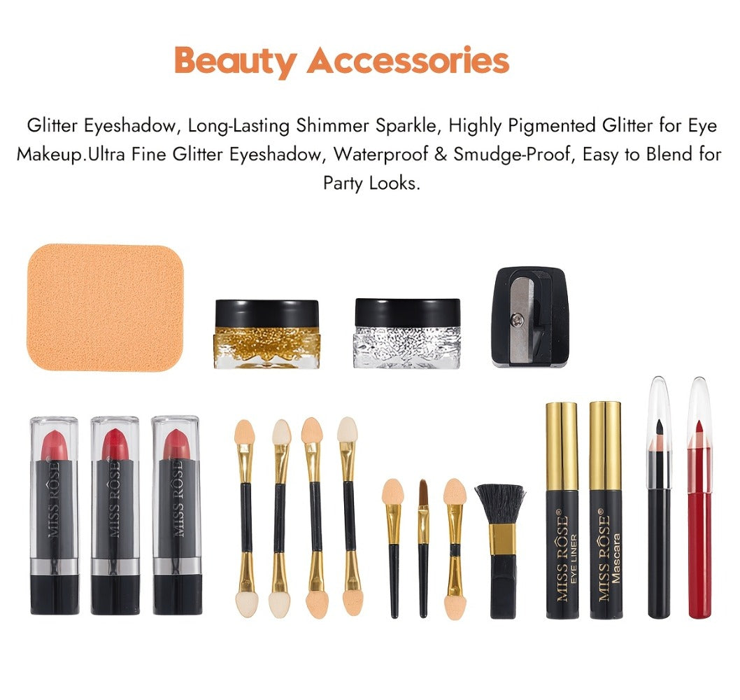 Makeup Kit 58-Color Black Mirror Case with Sliding Trays for Face, Eye and Lip Cosmetics plus Application Tools — image 27