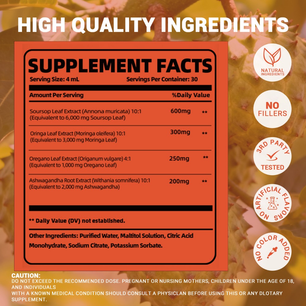 Soursop Bitters Liquid Herbal Supplement, Gut Health Support with Moringa, Oregano & Ashwagandha — image 2