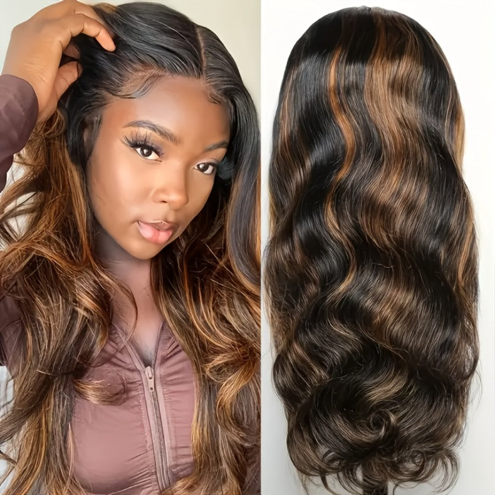 200% Density Lace Front Wig Human Hair Brown Highlights Long Wavy Pre-Plucked Glueless Heat, for Home, Travel and Salon Hair 